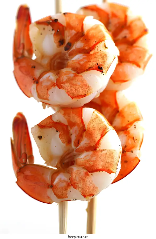 three cooked shrimps on a stick