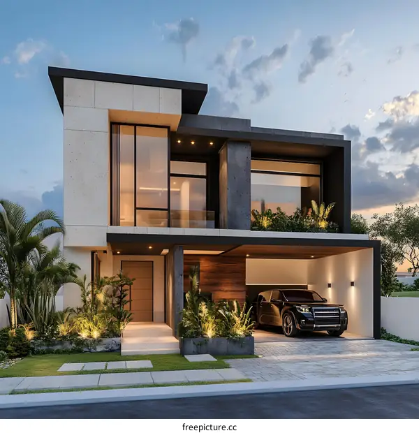 Modern House Exterior Design With Black Car In Garage