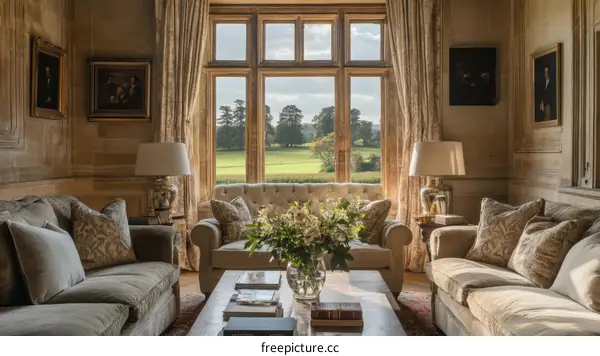 Elegant Country Living Room with Large Windows