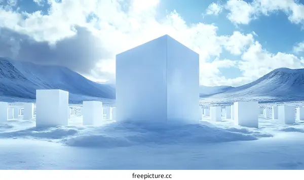 Abstract Minimalist Snowy Landscape With White Cubes