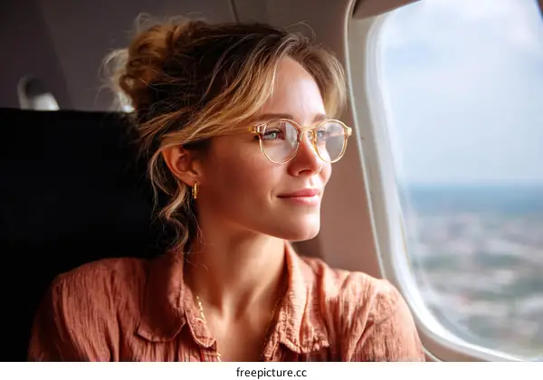 Woman Looking Out Airplane Window