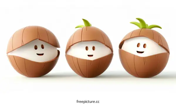 Three Cute Coconuts with Happy Faces