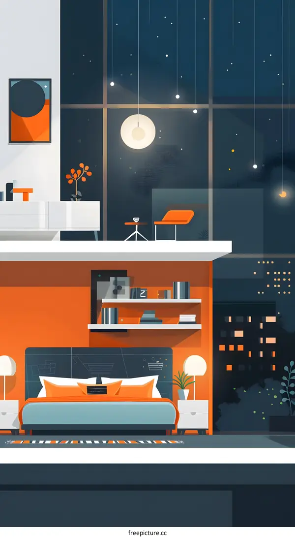 Modern Bedroom Interior Design with Night City View