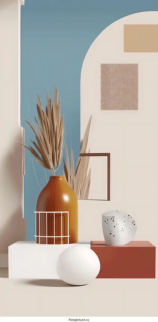 Abstract Geometric Shapes with Dried Flowers in a Vase