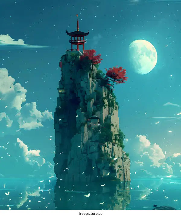 Fantasy Landscape with Pagoda on a Clifftop Island