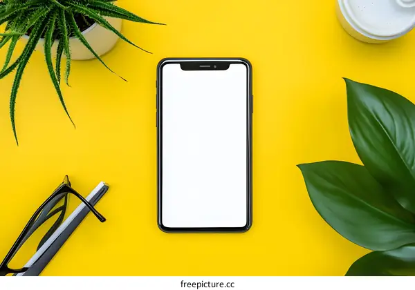 Flat Lay of Mobile Phone with Blank Screen and Green Plants on Yellow Background