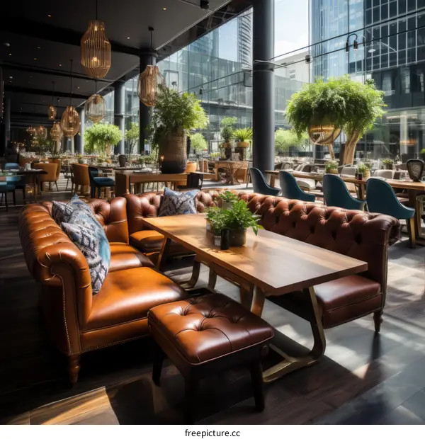 Luxurious restaurant interior with leather Chesterfield sofas and wooden tables