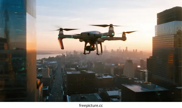 Drone flying over urban buildings at sunset