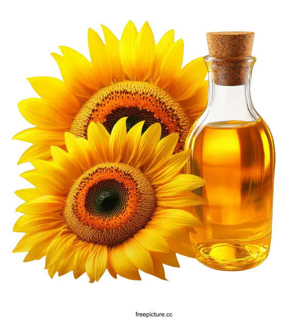 [Transparent Background PNG]Sunflower Oil and Blossoms on White Background
