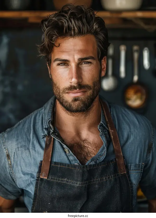 Portrait of a handsome young man with beard wearing denim apron