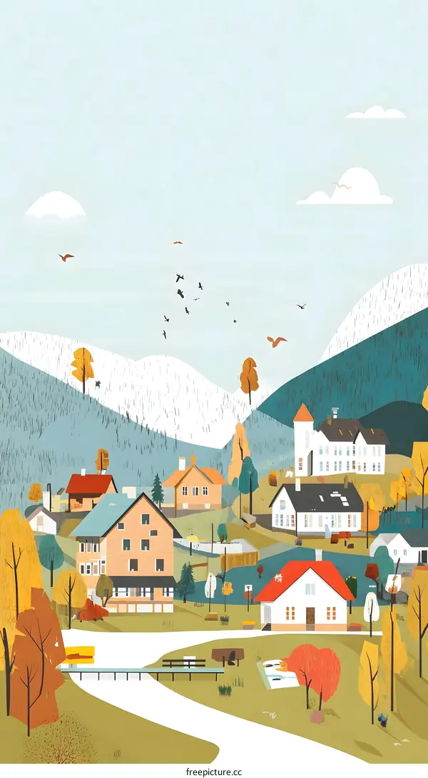 Autumn Village Landscape Illustration With Mountains And Birds