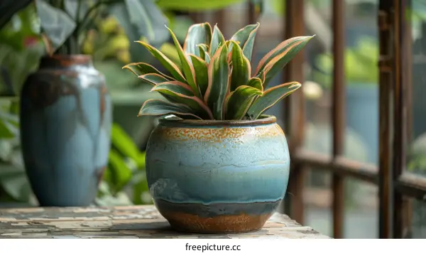 A beautiful green plant in a blue ceramic pot sits on a stone table near a window.