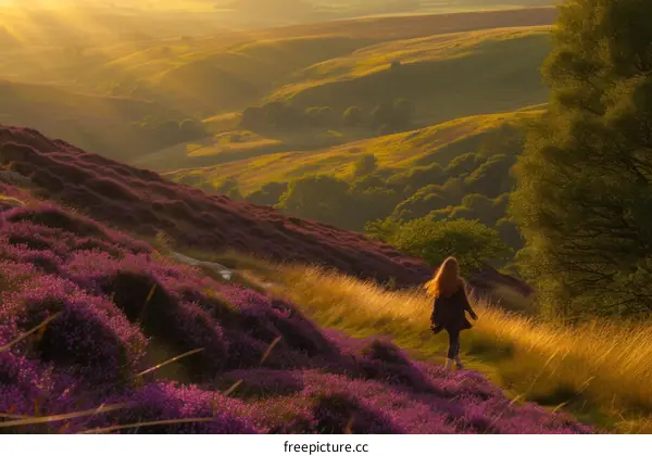 girl walking through field of purple flowers
