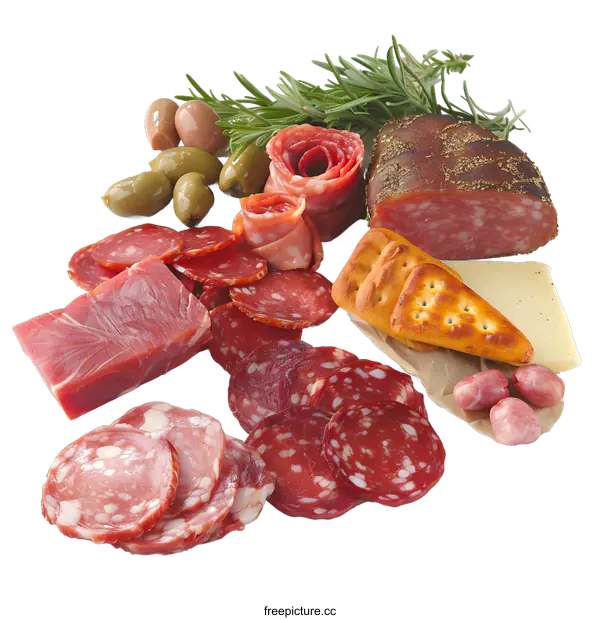 [Transparent Background PNG]Variety of Cured Meats, Olives, Crackers and Rosemary on White Background