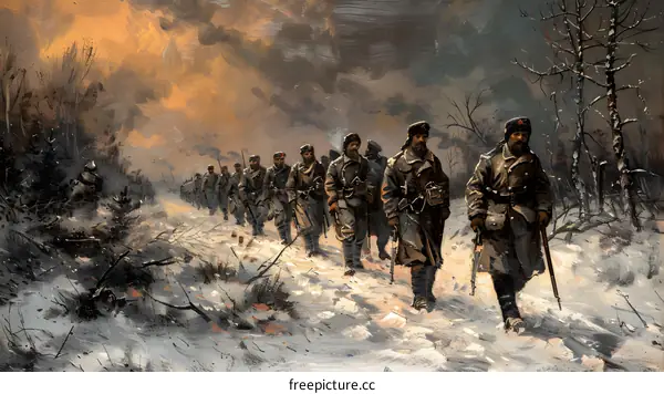A group of soldiers wearing winter gear march through the snow during the Serbian-Bulgarian War.