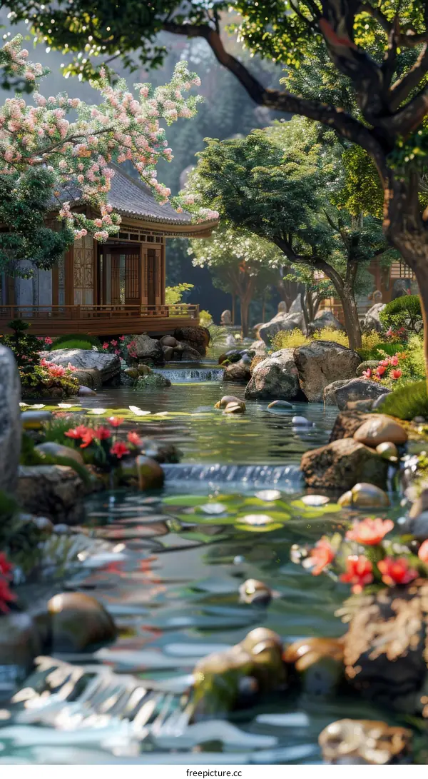 A beautiful Chinese garden with a pond, trees, and flowers.