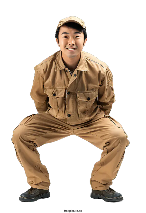 [Transparent Background PNG]Asian man crouching in work clothes