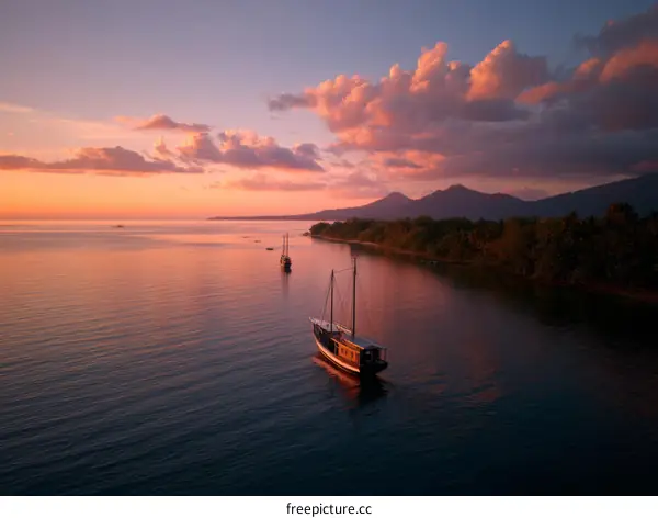 Sunset Serenity on the Sea with Sailing Vessel