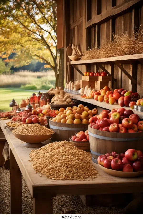 Rustic wooden barn with an open front displaying a bountiful harvest of fruits and grains.