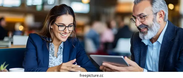 Smiling Business Colleagues Reviewing Data On Tablet