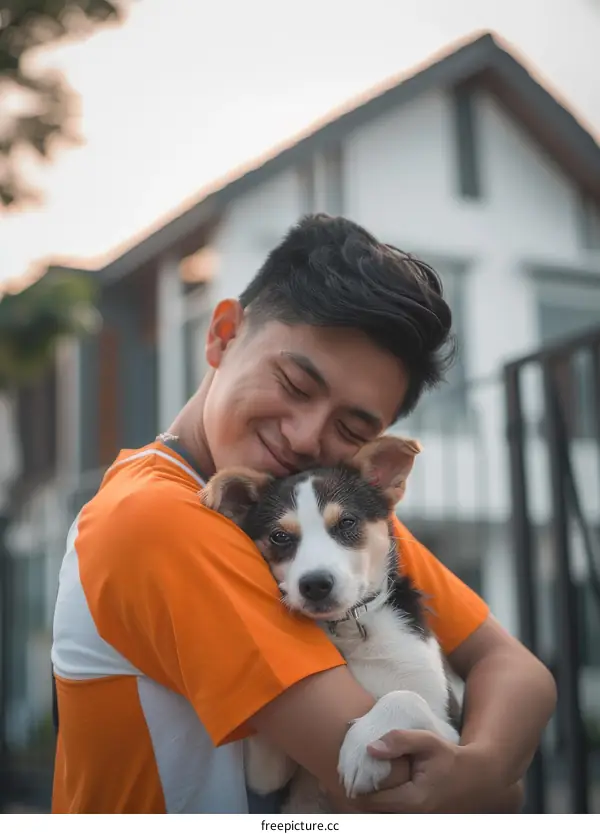 Asian man hugging a puppy