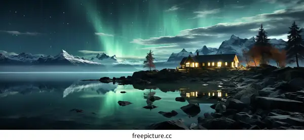 Aurora borealis over a lake and mountains in Alaska