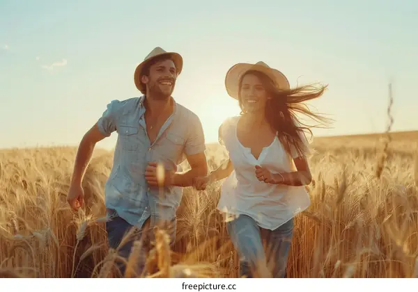 A Young Couple Running Through a Wheat Field
