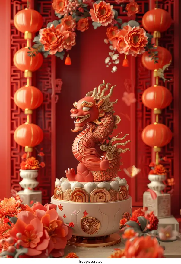 Red Chinese Dragon Figurine with Lanterns and Flowers
