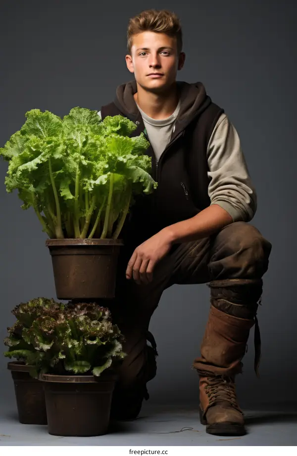 Young male farmer kneeling next to large potted lettuces