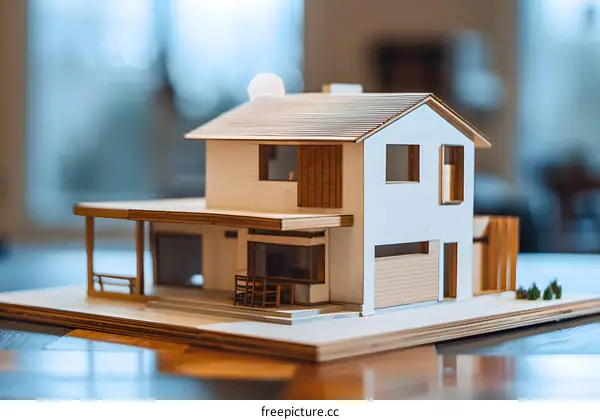 Wooden Model House on Wooden Base
