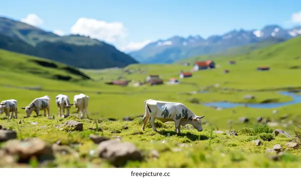 Cows grazing in a lush green pasture with mountains in the distance