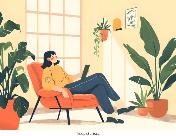 Woman Relaxing in a Chair with Plants and Sunlight