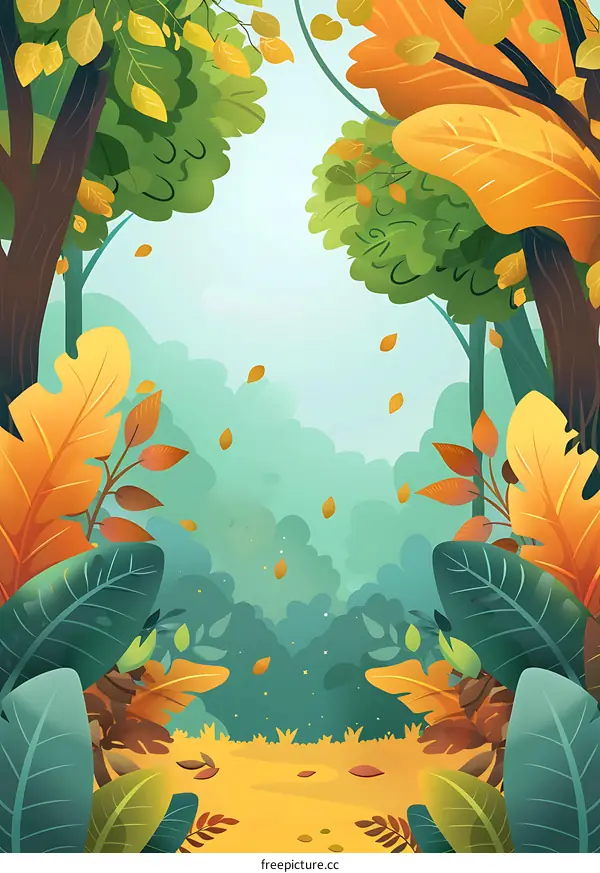 Autumn Forest Illustration Background With Colorful Leaves And Trees