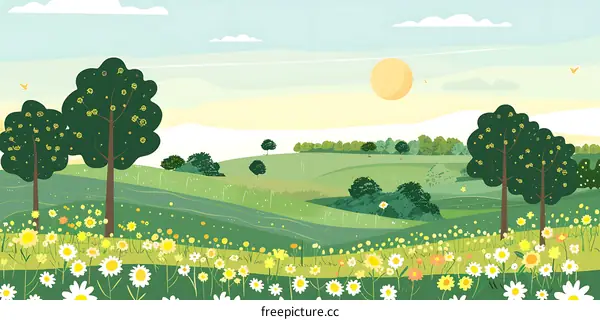 Green Meadow With Blooming Daisies And Sun