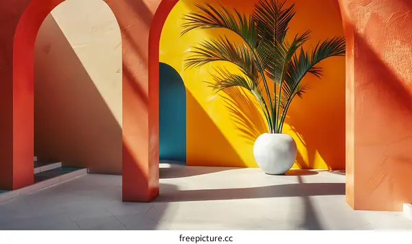 Minimalist Room with Palm Tree and Colorful Arches