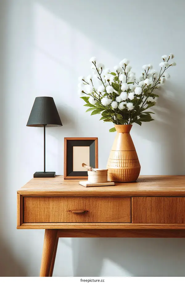 Stylish Wooden Console Table with Decorative Accessories