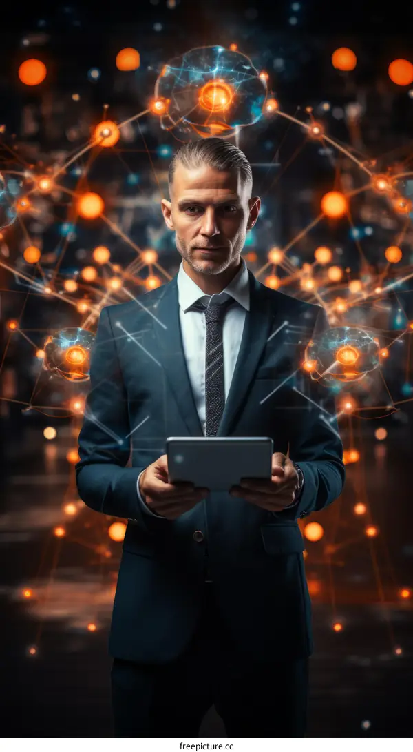 Businessman with Tablet and Glowing Network Connections