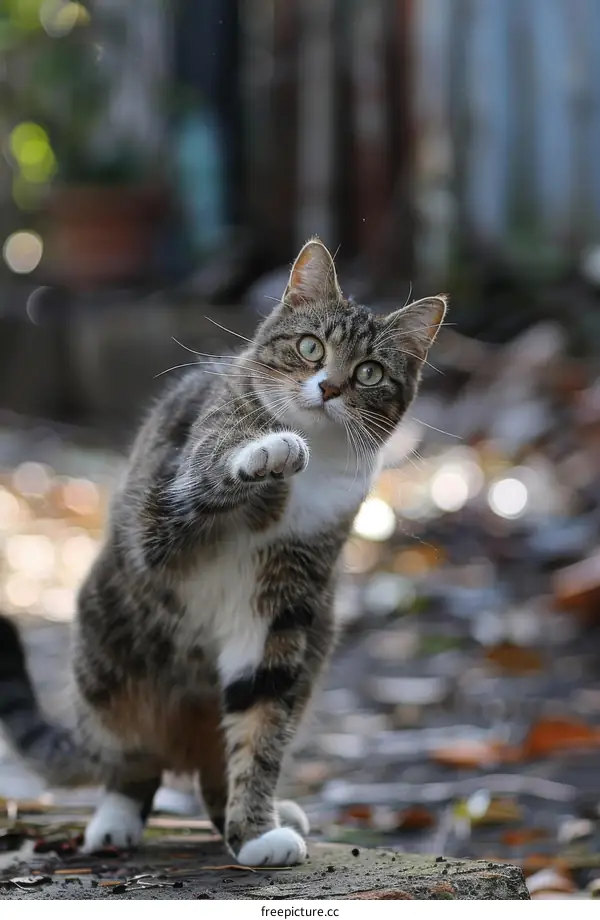 A cat standing on a wooden fence with one paw raised