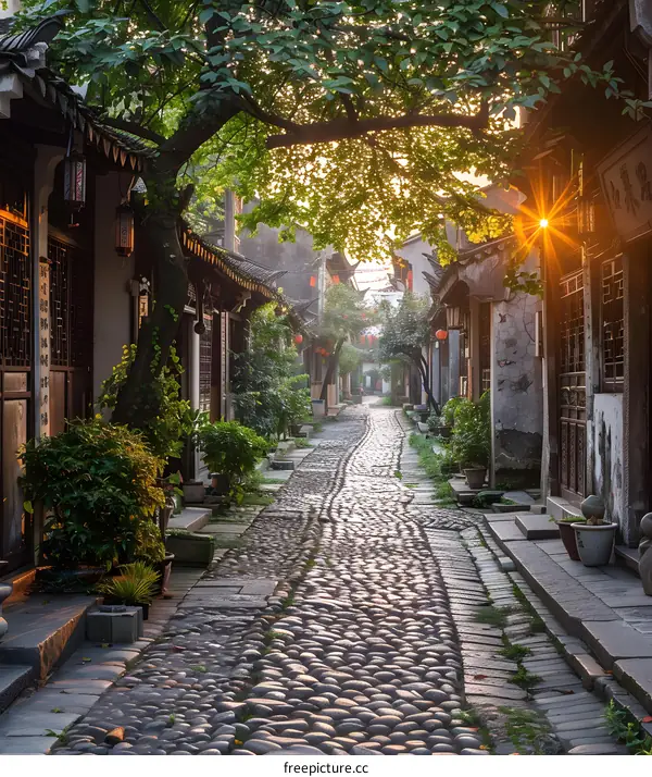 Cobblestone Street in Ancient Town at Sunset