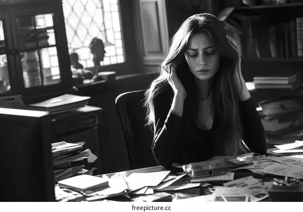 A young woman sitting at a desk looking stressed with her hands on her head