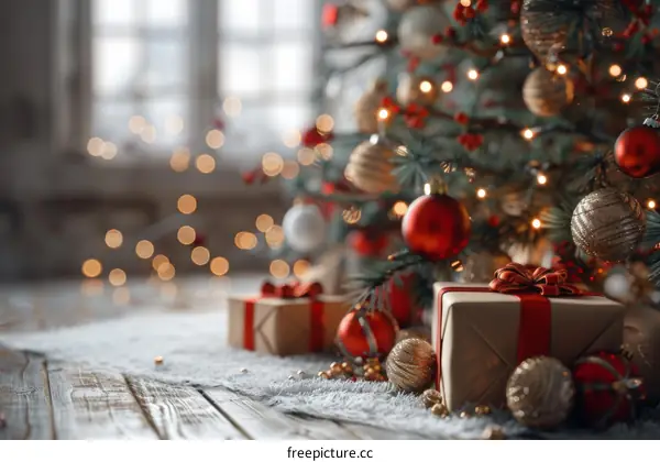 Festive Christmas Tree Decorated with Red and Gold Ornaments