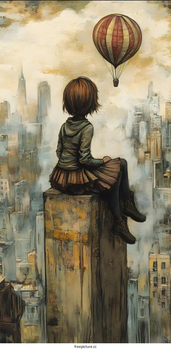Girl on Building Top with Hot Air Balloon and Cityscape