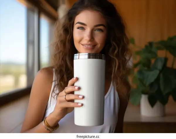 A beautiful young woman with curly hair is holding a white tumbler