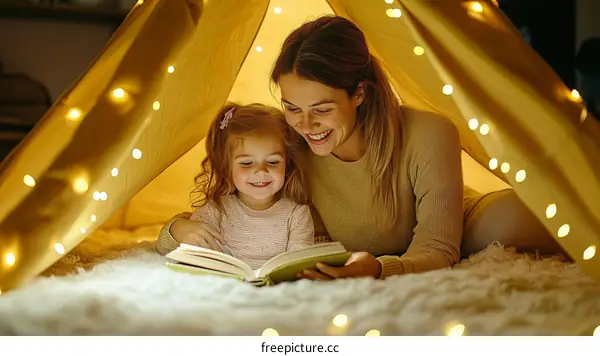 Mother and Daughter Reading in a Tent