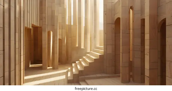 Abstract Minimalist Interior Design With Stone Walls And Wooden Stairs