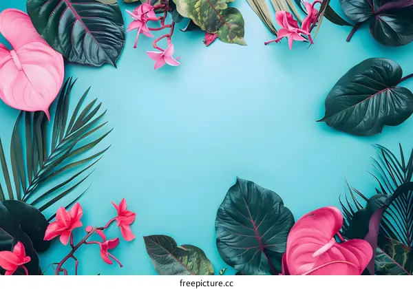 Tropical Leaves and Pink Flowers on Blue Background