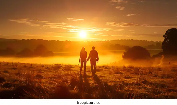 Silhouettes of Couple Walking Hand in Hand Towards Sunrise in Foggy Meadow