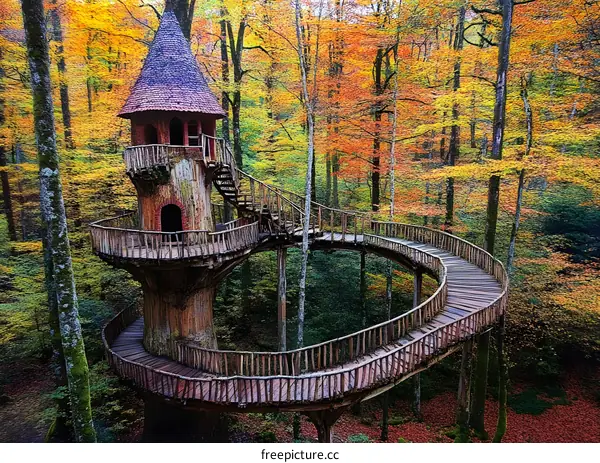 Spiral Treehouse Walkway in Autumn Forest