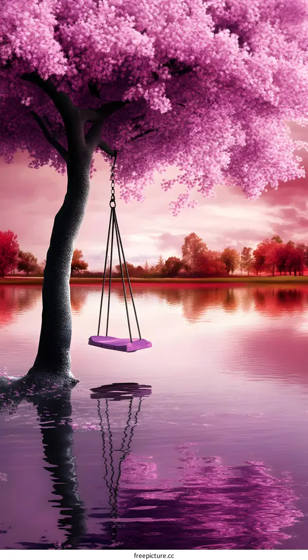 Purple Sunset Landscape with Swing