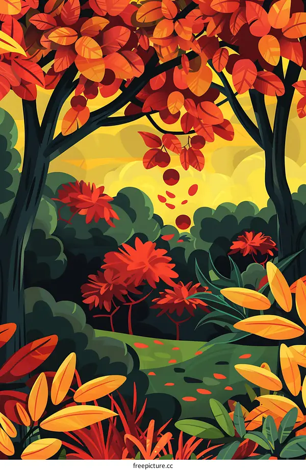 Autumn Forest Illustration With Colorful Leaves